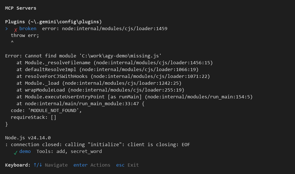 Antigravity CLI 1.3.3의 MCP Servers 화면. broken 서버 옆에 빨간 X 표시와 함께 Node.js의 Cannot find module 'C:\work\agy-demo\missing.js' 오류 출력과 connection closed: calling initialize: client is closing: EOF가 그대로 보이고, 그 아래 demo 서버는 초록 체크 표시와 Tools: add, secret_word로 나옵니다.