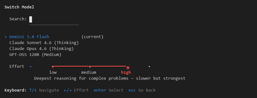 Antigravity CLI 1.3.3의 Switch Model 화면. 검색 칸 아래에 Gemini 3.8 Flash(current), Claude Sonnet 4.6 (Thinking), Claude Opus 4.6 (Thinking), GPT-OSS 120B (Medium)가 있고, 그 아래 Effort 슬라이더가 low, medium, high 중 high에 놓여 있으며 맨 아래에 방향키로 이동하고 좌우 키로 Effort를 바꾸는 안내가 있습니다.