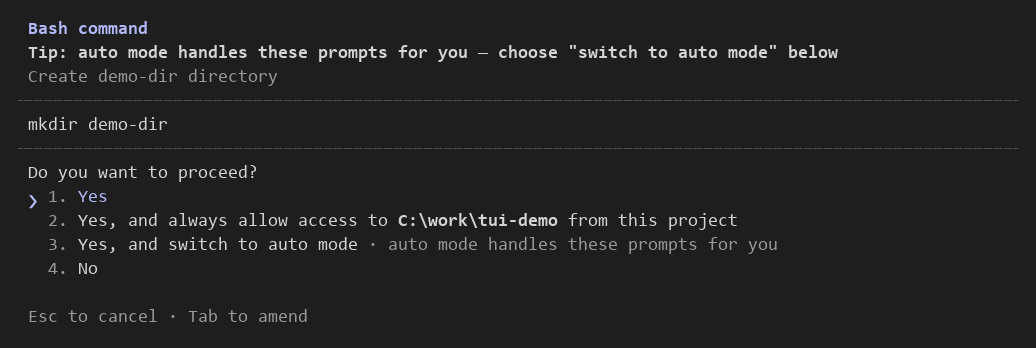 Claude Code 수동 모드에서 mkdir demo-dir 실행 전에 뜬 Bash command 승인 화면. auto 모드로 바꾸라는 팁 아래에 명령이 있고, Do you want to proceed? 아래로 1. Yes, 2. Yes, and always allow access to 이 폴더 from this project, 3. Yes, and switch to auto mode, 4. No 선택지와 Esc to cancel · Tab to amend 안내가 있습니다.