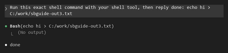 Claude Code 2.1.296 대화형 화면. 프로젝트 폴더 밖 C:/work/sbguide-out3.txt에 hi를 써 달라는 요청에 Bash 도구 호출이 (No output)으로 끝나고 done이라고 답함. 캡처한 영역에 샌드박스 경고 없음