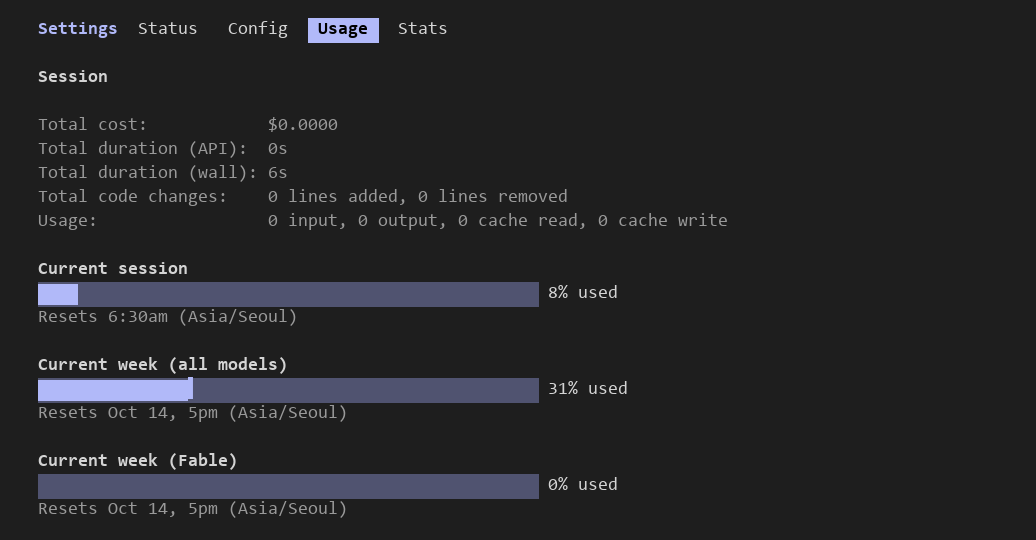Claude Code의 /usage 화면 위쪽. Settings 창의 Usage 탭에 이번 세션의 비용·소요 시간·코드 변경·토큰 수가 있고, 그 아래 Current session 8%, Current week(all models) 31%, Current week(Fable) 0% 막대와 각각의 리셋 시각이 표시돼 있습니다.