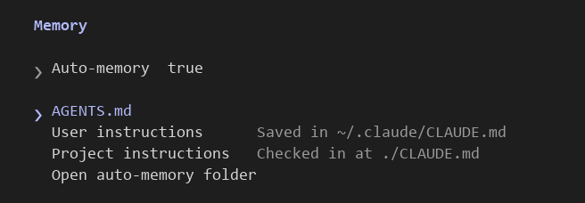 Claude Code 2.1.296의 /memory 화면. Memory 아래 Auto-memory true, 그다음 줄에 AGENTS.md가 선택 가능한 항목으로 있고, 이어서 User instructions(~/.claude/CLAUDE.md), Project instructions(./CLAUDE.md), Open auto-memory folder가 있음
