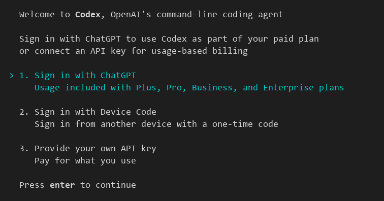 Codex CLI 0.162.1을 처음 실행한 화면. Welcome to Codex 안내 아래 1. Sign in with ChatGPT(Plus, Pro, Business, Enterprise 플랜에 사용량 포함), 2. Sign in with Device Code(다른 기기에서 일회용 코드로 로그인), 3. Provide your own API key(쓴 만큼 결제) 세 선택지가 있고 첫 번째가 선택된 상태