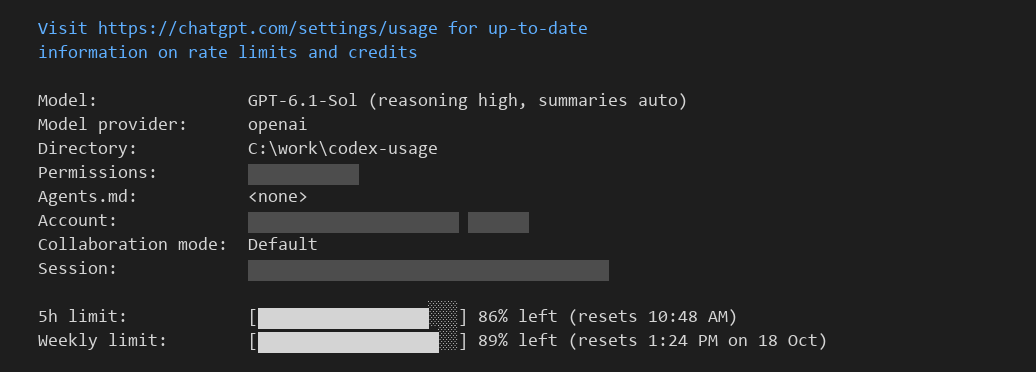 Codex CLI 0.162.1의 /status 화면. 맨 위에 chatgpt.com/settings/usage를 보라는 안내가 있고, 모델 GPT-6.1-Sol과 작업 폴더가 나오며 권한·계정·세션 값은 회색으로 가려져 있습니다. 맨 아래에 5h limit 86% left (resets 10:48 AM), Weekly limit 89% left (resets 1:24 PM on 18 Oct) 막대가 있습니다.